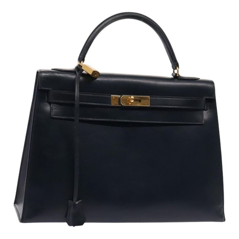 Hermes Kelly Black Box Calf With Gold Hardware Navy Leather Handbag